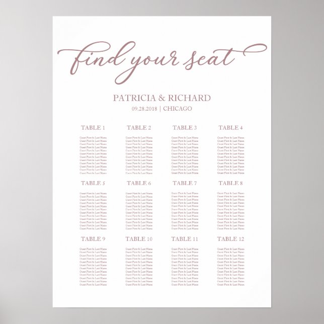 12 Tables Wedding Seating Plan Chic Script Poster (Front)