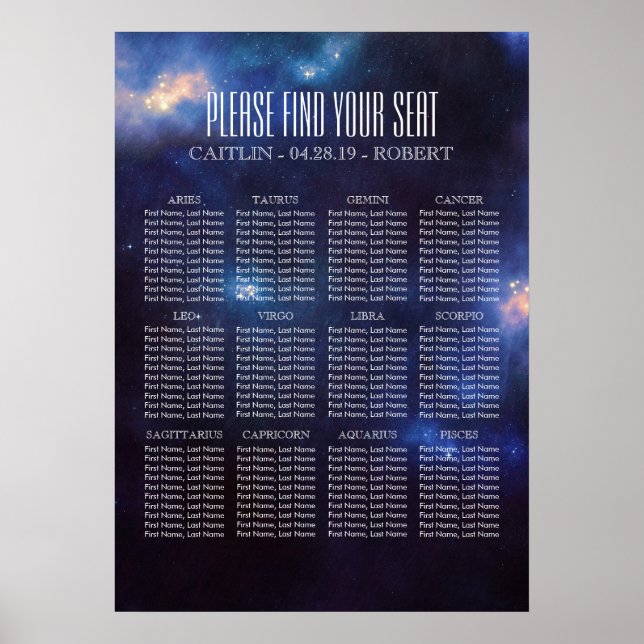 12 Zodiac Signs | Constellation  Seating Chart (Front)