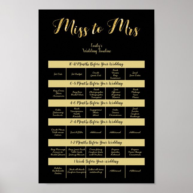 12MONTH WEDDING PLANNER TEMPLATE Black Gold Poster (Front)