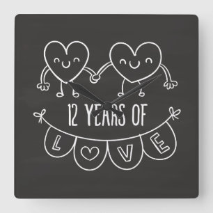 12th Anniversary Gift Chalk Hearts Square Wall Clock