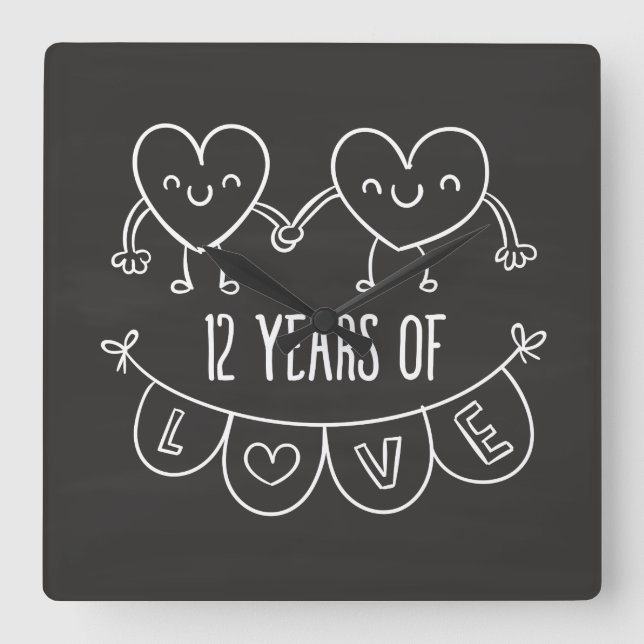 12th Anniversary Gift Chalk Hearts Square Wall Clock (Front)