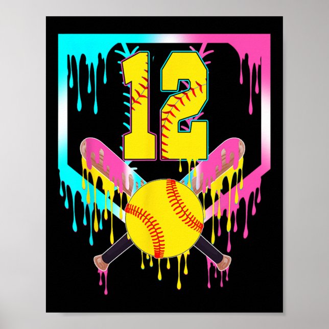 12th Bday Softll Home Plate Drip Ice Cream 12 Year Poster (Front)