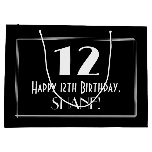 12th Birthday: Art Deco Inspired Style "12", Name Large Gift Bag (Back)