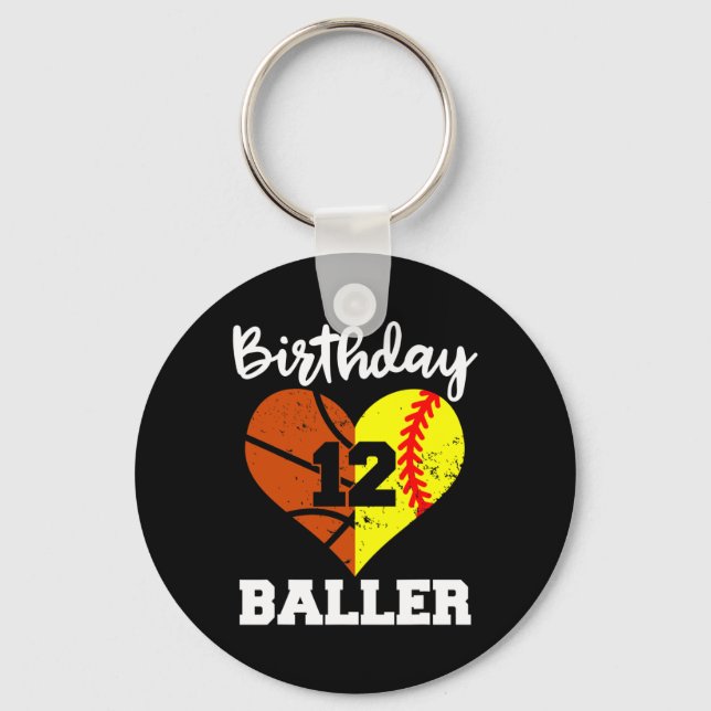 12th Birthday Baller Fun 12 Year Old Softball Bask Key Ring (Front)