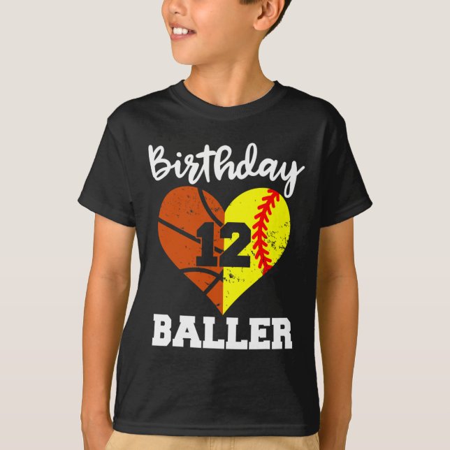 12th Birthday Baller Fun 12 Year Old Softball Bask T-Shirt (Front)