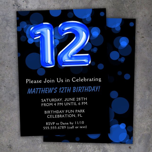 12th Birthday Balloons Kids Blue Boy Party Invitation (Creator Uploaded)
