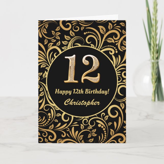 12th Birthday Black and Gold Floral Pattern Card (Front)