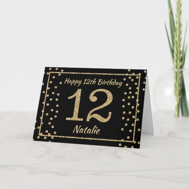 12th Birthday Black and Gold Glitter Confetti Card (Front)