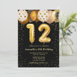 12th Birthday Black Gold Invitation 
