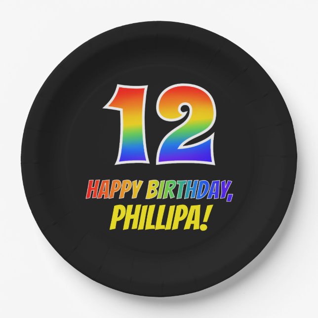 12th Birthday: Bold, Fun, Simple, Rainbow 12 Paper Plate (Front)