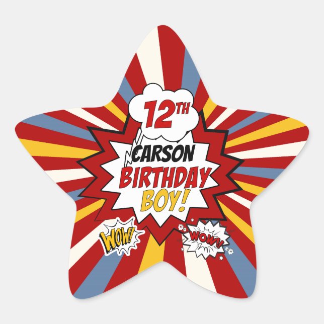 12th Birthday Boy Superhero Comic with Name Star Sticker (Front)