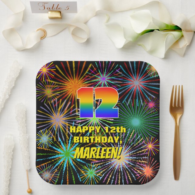 12th Birthday: Colourful, Fun Celebratory Firework Paper Plate (Wedding)