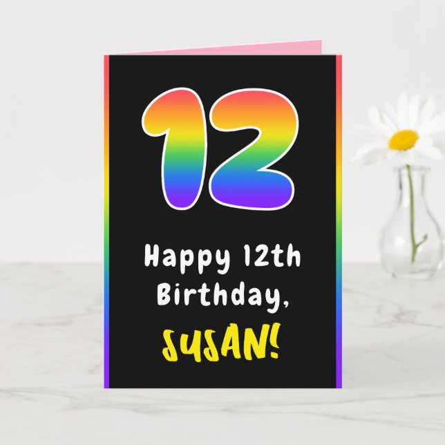 12th Birthday: Colourful Rainbow # 12, Custom Name Card (Small Plant)
