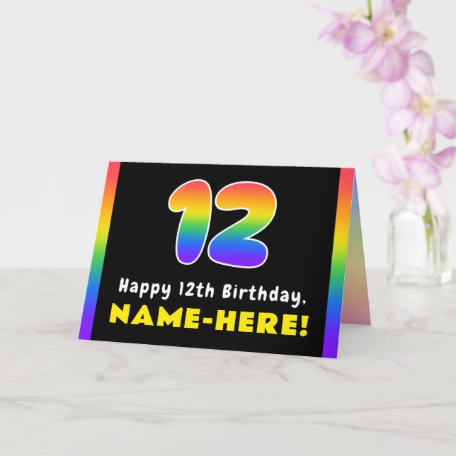 12th Birthday: Colourful Rainbow # 12, Custom Name Card (Orchid)