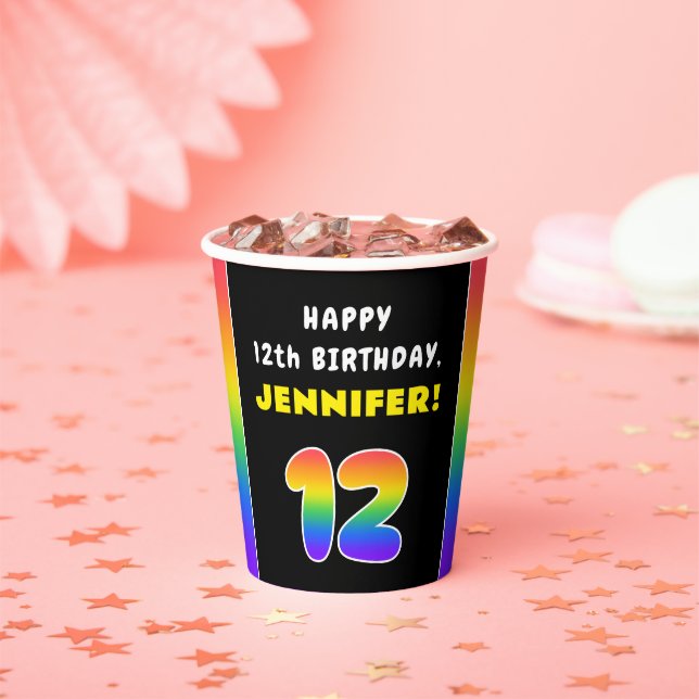 12th Birthday: Colourful Rainbow # 12, Custom Name Paper Cups (Insitu)