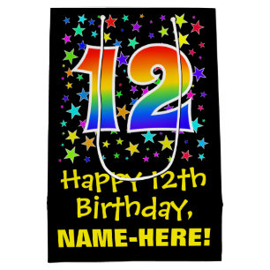 12th Birthday: Colourful Stars Pattern & Rainbow 1 Medium Gift Bag
