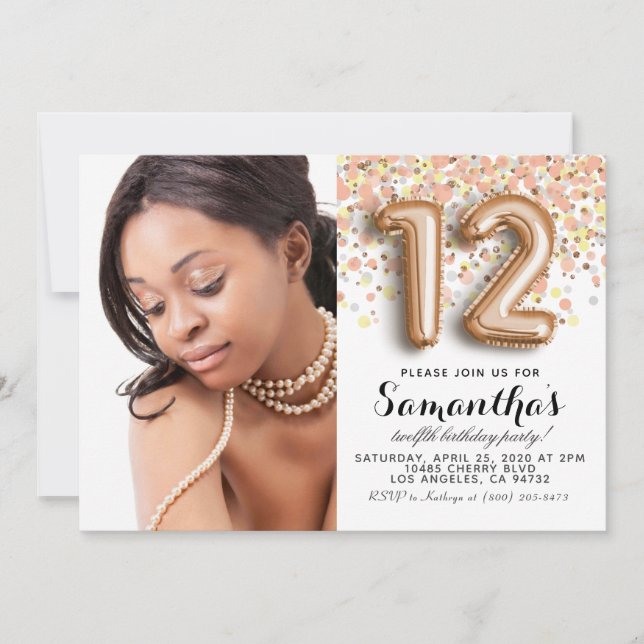 12th Birthday Confetti Gold Portrait Invitation (Front)