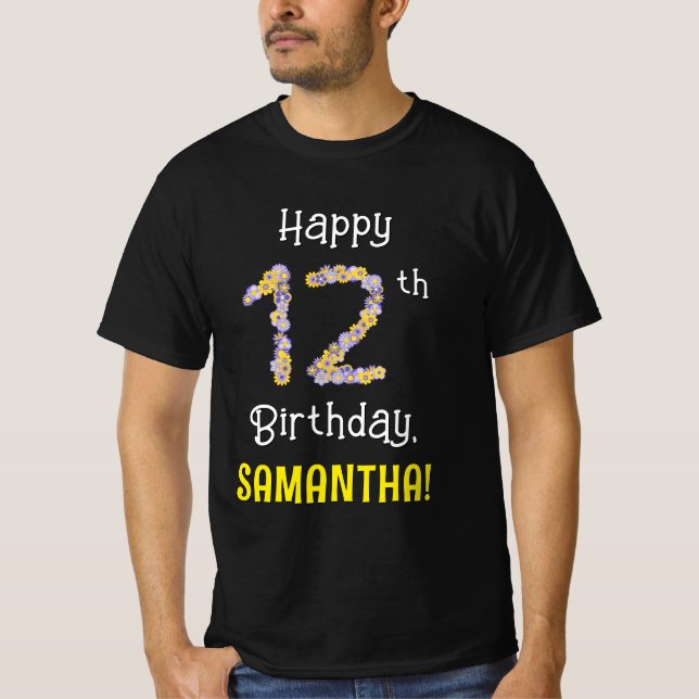 12th Birthday: Floral Flowers Number “12” + Name T-Shirt (Front)