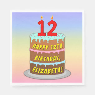 12th Birthday: Fun Cake and Candles + Custom Name Napkin