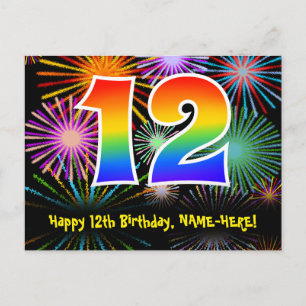 12th Birthday – Fun Fireworks Pattern + Rainbow 12 Postcard