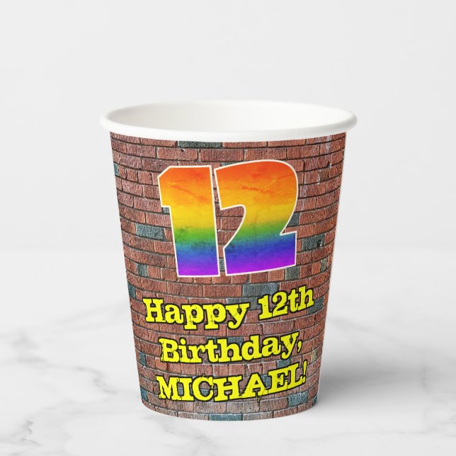 12th Birthday: Fun Graffiti-Inspired Rainbow 12 Paper Cups (Back)
