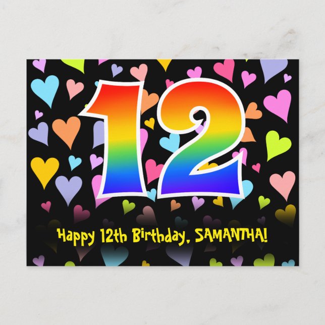 12th Birthday: Fun Hearts Pattern, Rainbow 12 Postcard (Front)