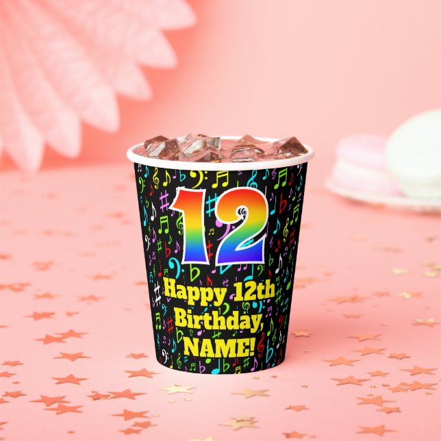 12th Birthday: Fun Music Notes Pattern, Rainbow 12 Paper Cups (Insitu)