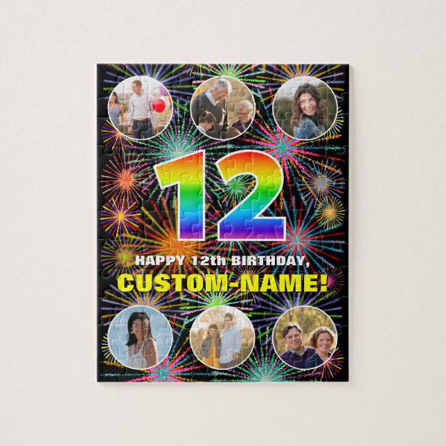 12th Birthday: Fun Rainbow #, Custom Name + Photos Jigsaw Puzzle (Vertical)