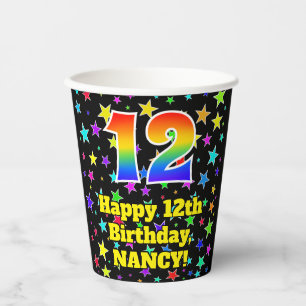 12th Birthday: Fun Stars Pattern and Rainbow 12 Paper Cups