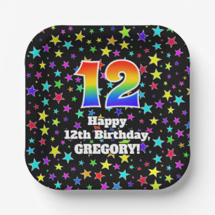12th Birthday: Fun Stars Pattern and Rainbow “12 Paper Plate
