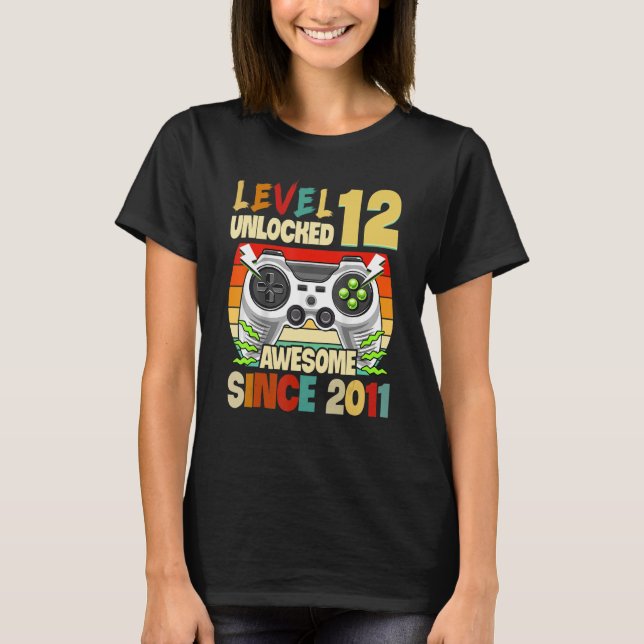 12th Birthday Gift Boys Level 12 Unlocked 12 Year  T-Shirt (Front)
