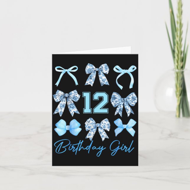 12th Birthday Girl Blue Toile Coquette Bow 12 Year Card (Front)