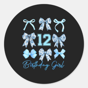 12th Birthday Girl Blue Toile Coquette Bow 12 Year Classic Round Sticker
