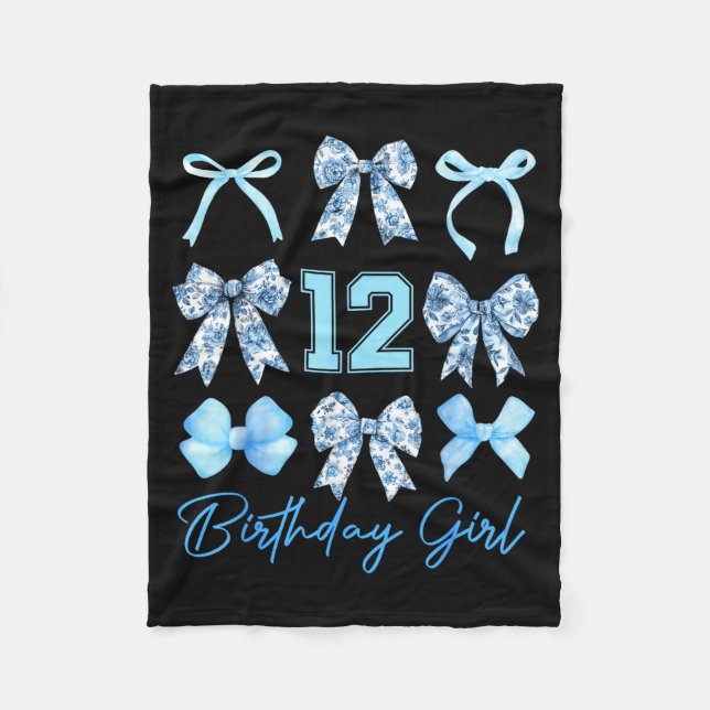 12th Birthday Girl Blue Toile Coquette Bow 12 Year Fleece Blanket (Front)