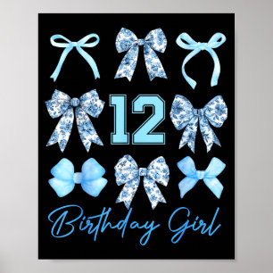 12th Birthday Girl Blue Toile Coquette Bow 12 Year Poster