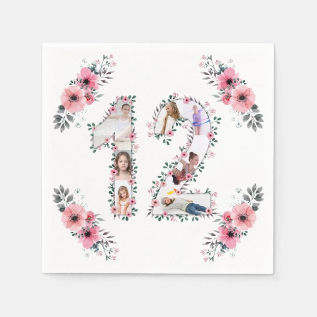 12th Birthday Girl Flower Photo Collage White Napkin (Front)