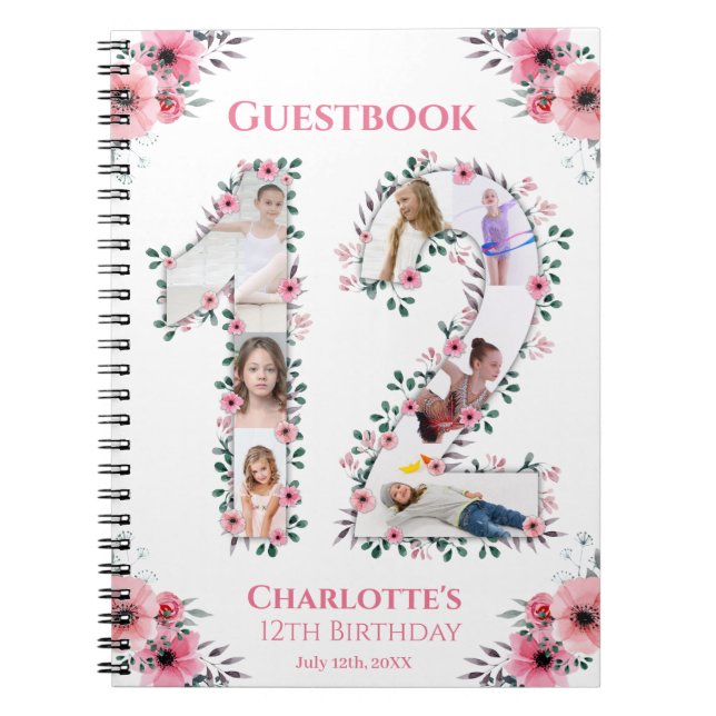 12th Birthday Girl Photo Collage Pink Flower White Notebook (Front)