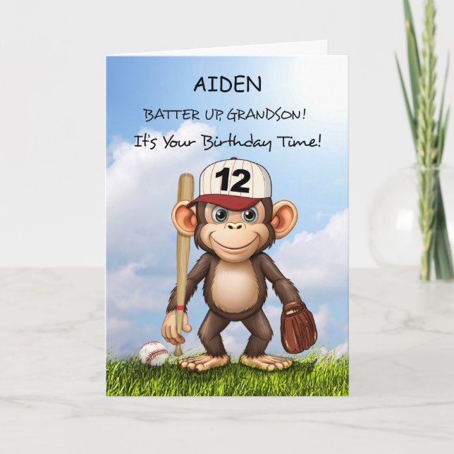 12th Birthday Grandson Personalise Baseball Monkey Card (Front)