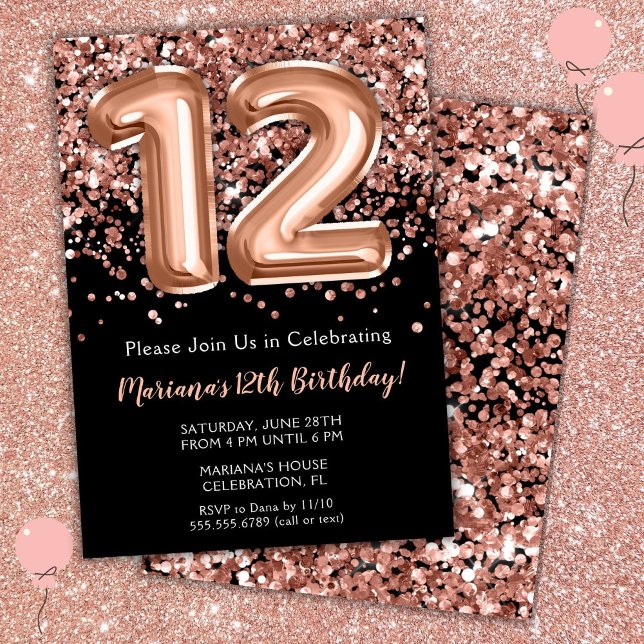12th Birthday Invitation Black Rose Gold Glitter (Creator Uploaded)
