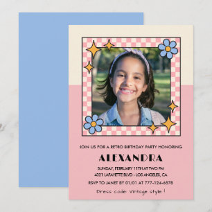 12th birthday invitation Retro Groovy Pink Flowers