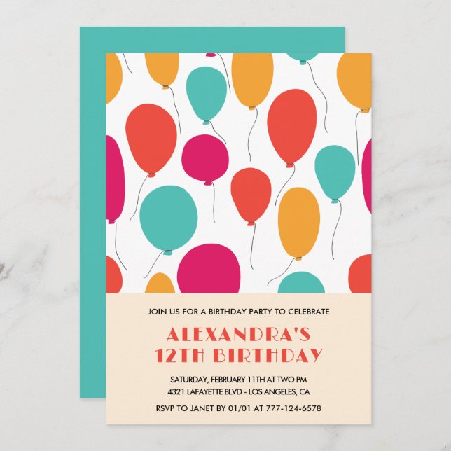 12th birthday invitations Balloons Colourful (Front/Back)