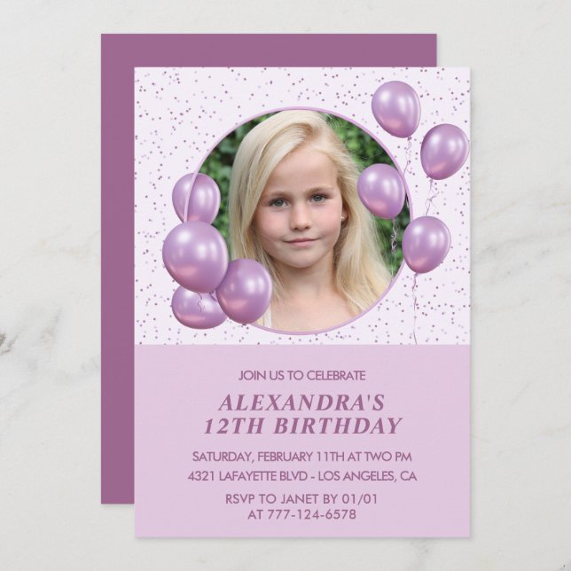 12th birthday invitations Balloons Photo Purple (Front/Back)