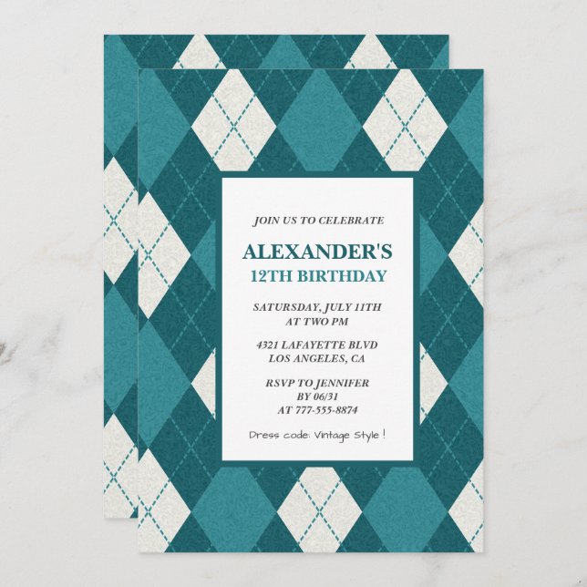 12th birthday invitations Boy Vintage Blue (Front/Back)