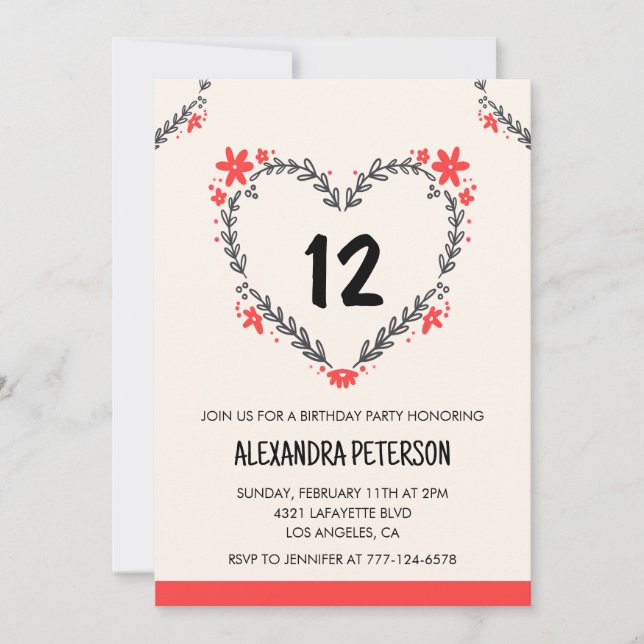 12th birthday invitations for her floral heart (Front)
