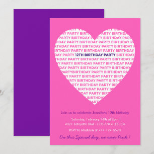 12th birthday invitations Pink Heart Modern