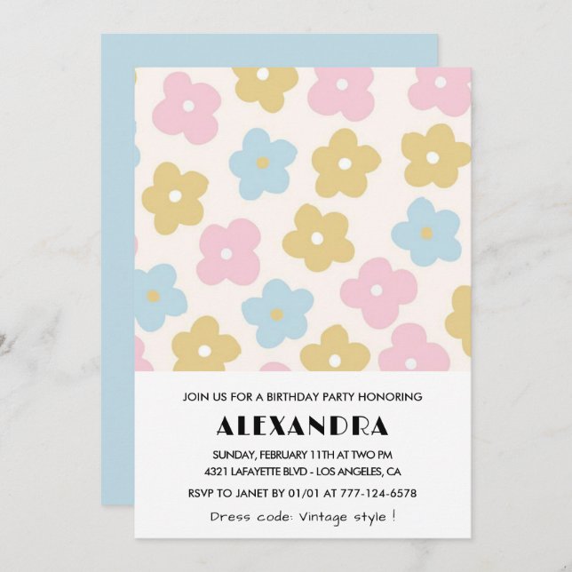 12th birthday invitations Retro Blue Pink Floral (Front/Back)