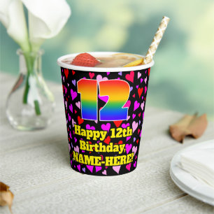 12th Birthday: Loving Hearts Pattern, Rainbow 12 Paper Cups