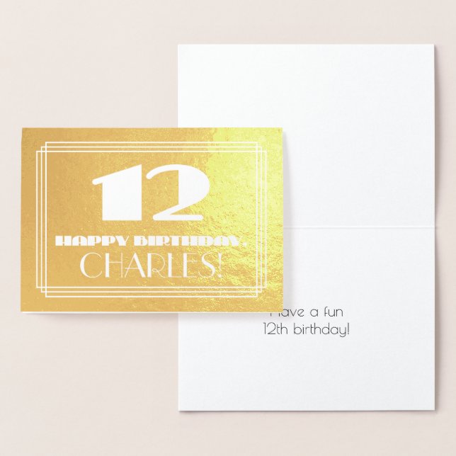 12th Birthday: Name + Art Deco Inspired Look "12" Foil Card (Display)