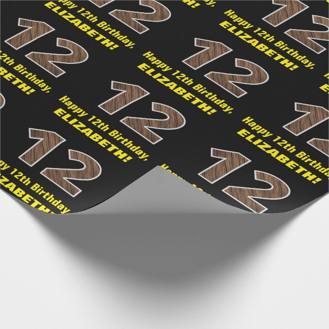 12th Birthday: Name & Faux Wood Grain Pattern "12" Wrapping Paper (Corner)