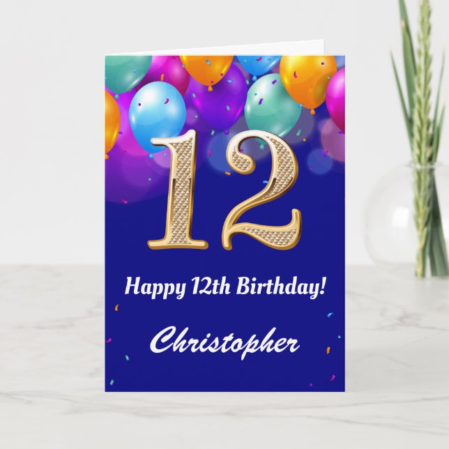 12th Birthday Navy Blue and Gold Colourful Balloon Card (Front)